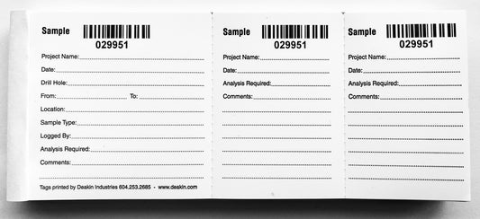 POLY Sample Tags Numbered/Barcode 3-Part / 50 per book - Deakin Industries