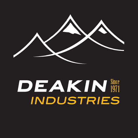 Deakin Industries logo with mountain design on a black background
