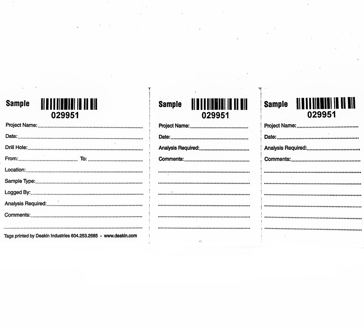 DEAKIN TYVEK Sample Tags Numbered/Barcode 3-Part / 50 per book