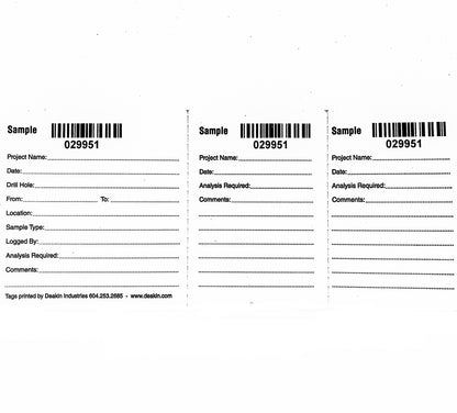 DEAKIN TYVEK Sample Tags Numbered/Barcode 3-Part / 50 per book