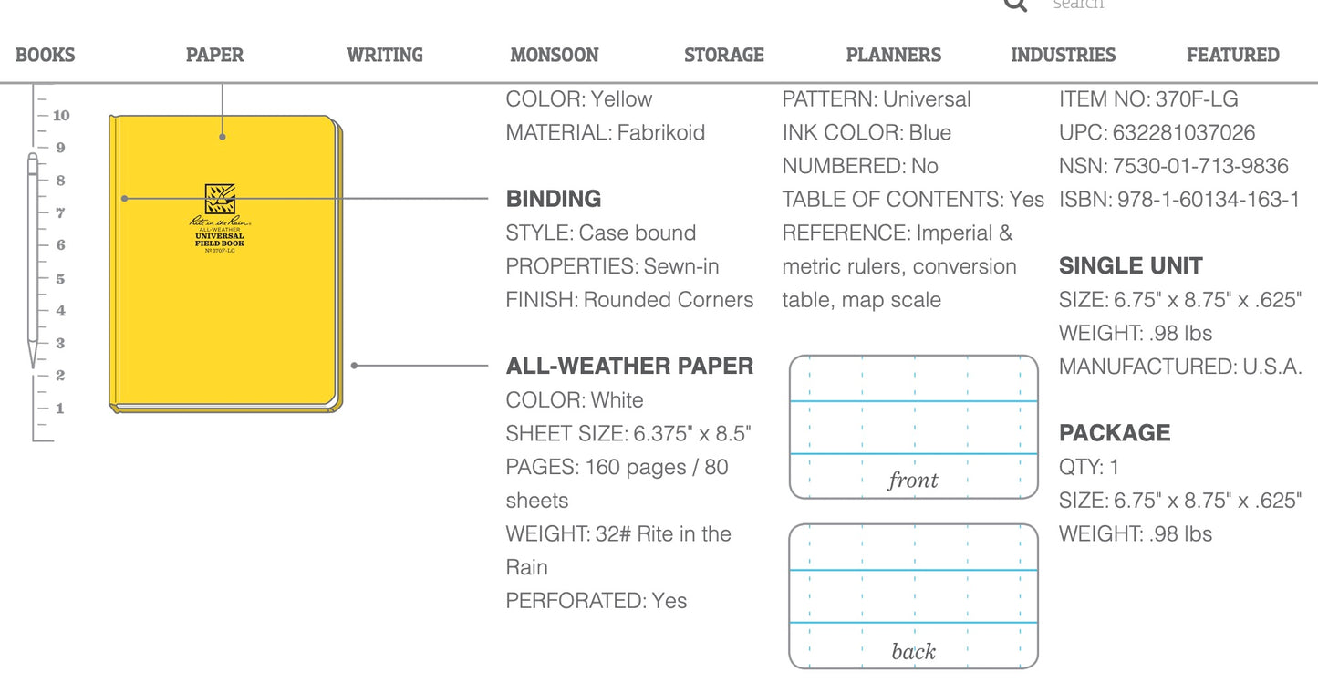 RITE IN THE RAIN 370F-LG Universal Hard Cover Book